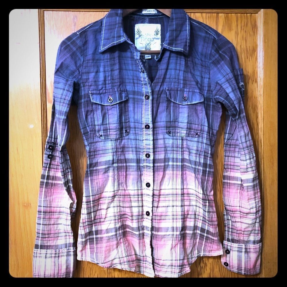 ROAR ombré plaid button up shirt Cross Virtue XS